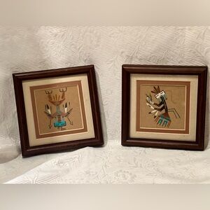 Framed Sand Art Native American Indian Navajo Lot Pair of 2  7"X 7" Vintage
